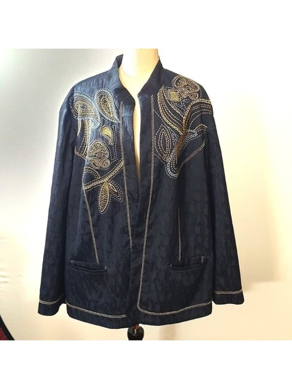 Alfred Dunner Womens Navy Embroidered Open Front Jacket Size 24W Polyester/Cotto